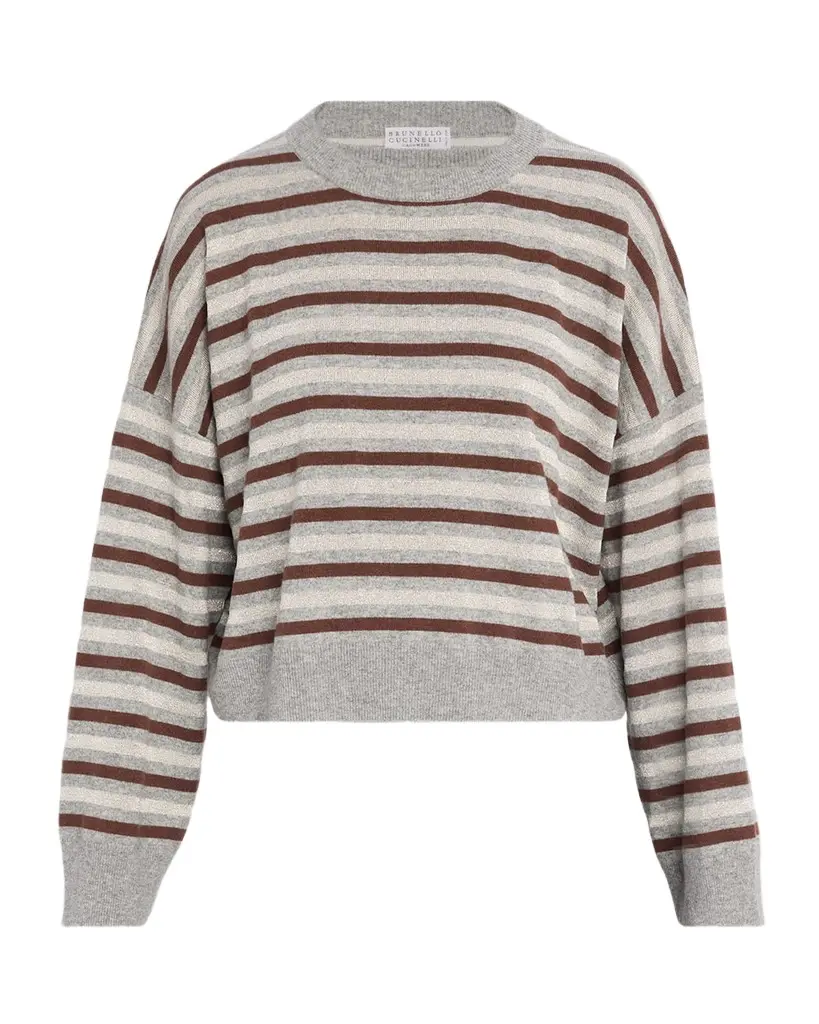 Brunello Cucinelli Shimmering Striped Wool-Cashmere Crop Sweater | Image 1 Brunello Cucinelli Shimmering Striped Wool-Cashmere Crop Sweater | Image 1