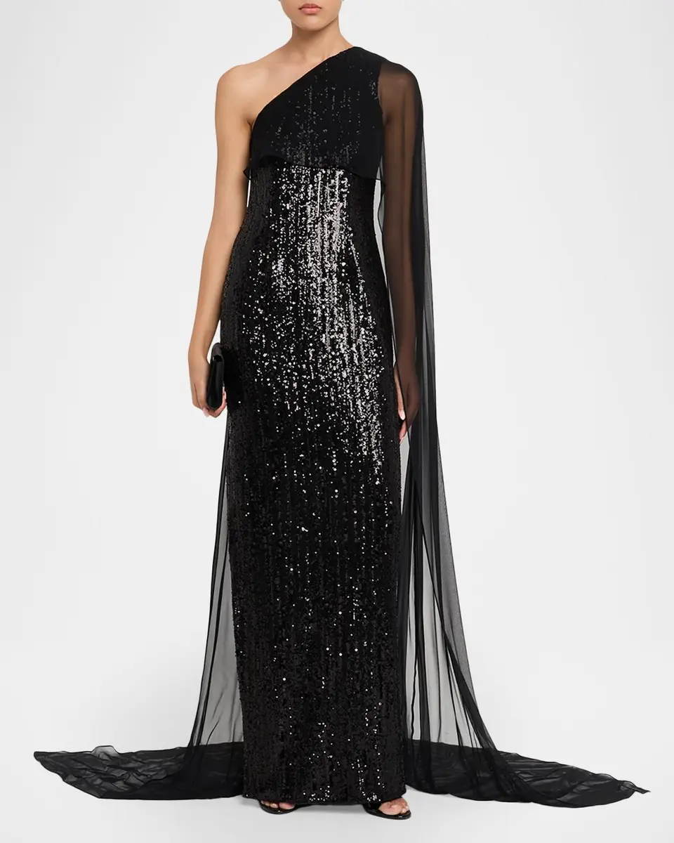 PAMELLA ROLAND Mixed Sized Sequin Column Gown with Cape | Thumbnail 2 PAMELLA ROLAND Mixed Sized Sequin Column Gown with Cape | Thumbnail 2