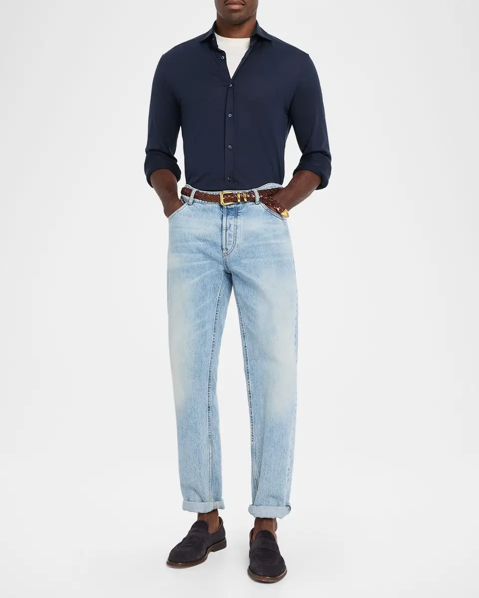 Brunello Cucinelli Men's Silk and Cotton Jersey Long-Sleeve Polo Shirt | Thumbnail 2 Brunello Cucinelli Men's Silk and Cotton Jersey Long-Sleeve Polo Shirt | Thumbnail 2