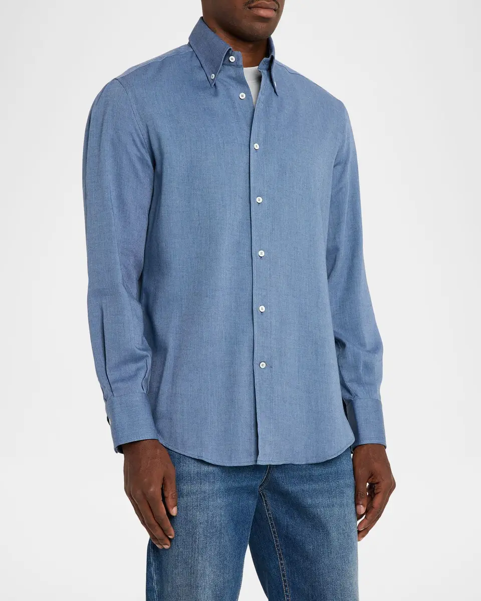 Brunello Cucinelli Men's Cotton and Cashmere Diagonal Flannel Button-Down Shirt | Thumbnail 4 Brunello Cucinelli Men's Cotton and Cashmere Diagonal Flannel Button-Down Shirt | Thumbnail 4