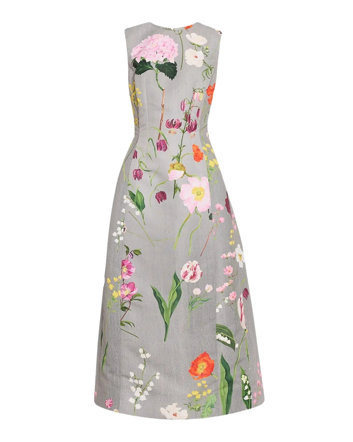 Oscar de la Renta Sleeveless Mixed Botanical Midi Day Dress