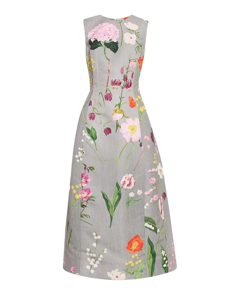 Oscar de la Renta Sleeveless Mixed Botanical Midi Day Dress | Image 1 Oscar de la Renta Sleeveless Mixed Botanical Midi Day Dress | Image 1