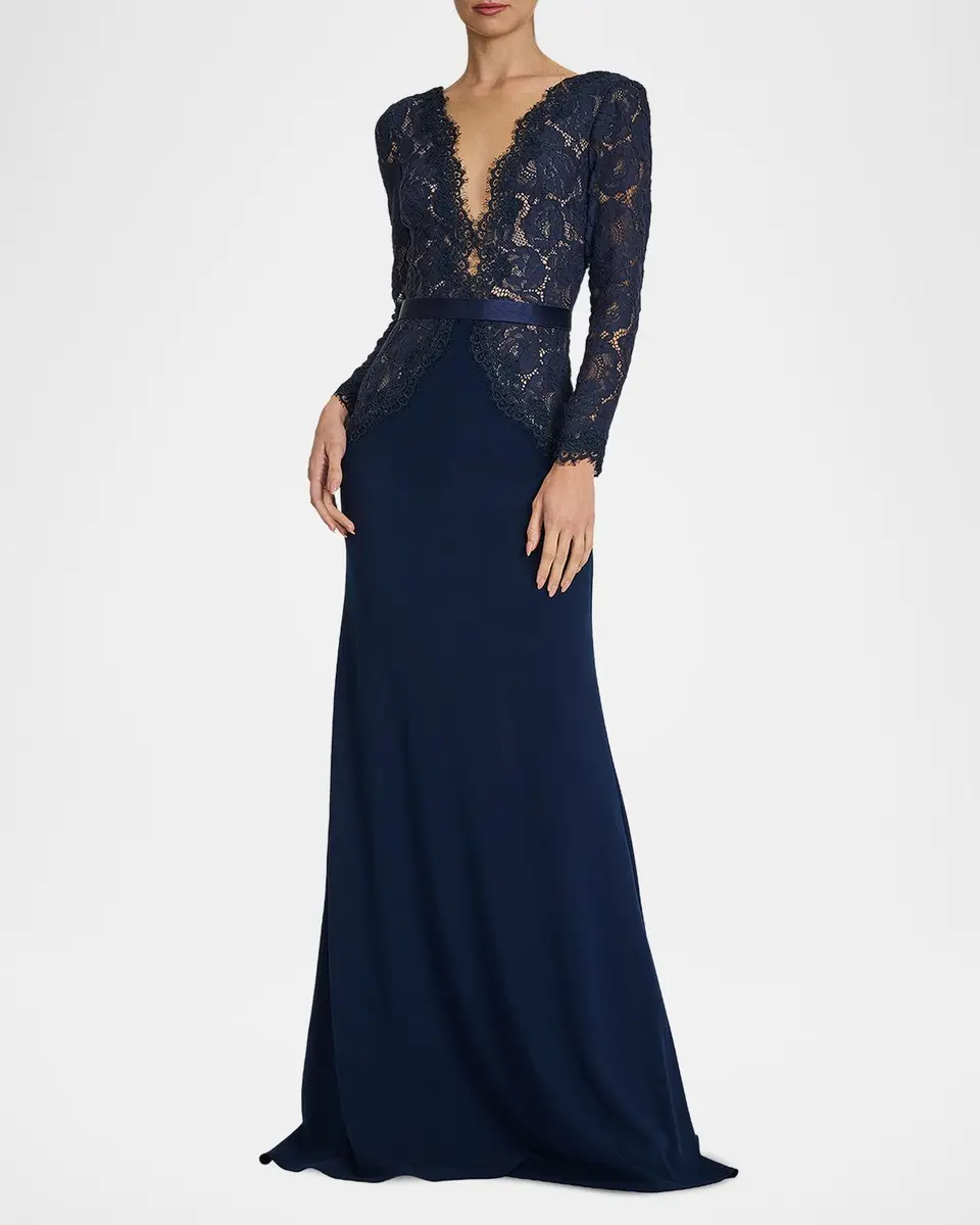 Tadashi Shoji Plunging Illusion Lace & Crepe Gown | Thumbnail 2 Tadashi Shoji Plunging Illusion Lace & Crepe Gown | Thumbnail 2