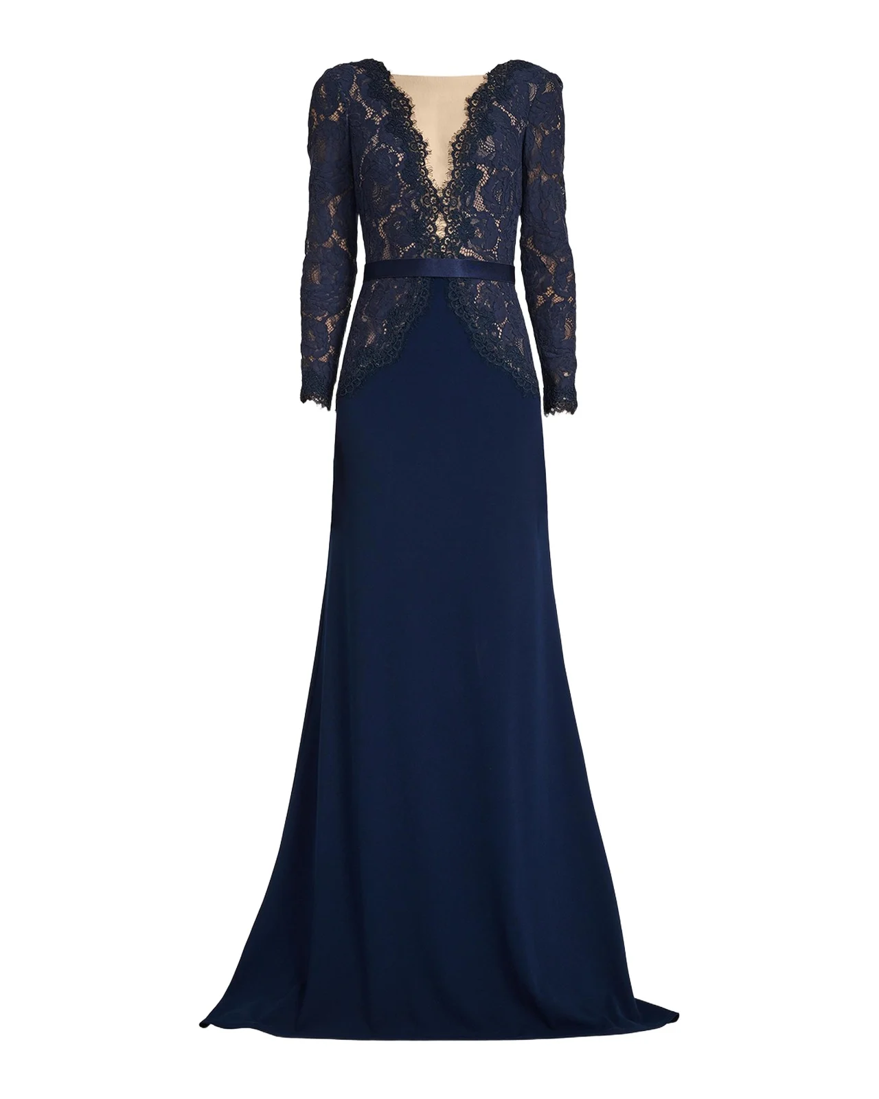 Tadashi Shoji Plunging Illusion Lace & Crepe Gown