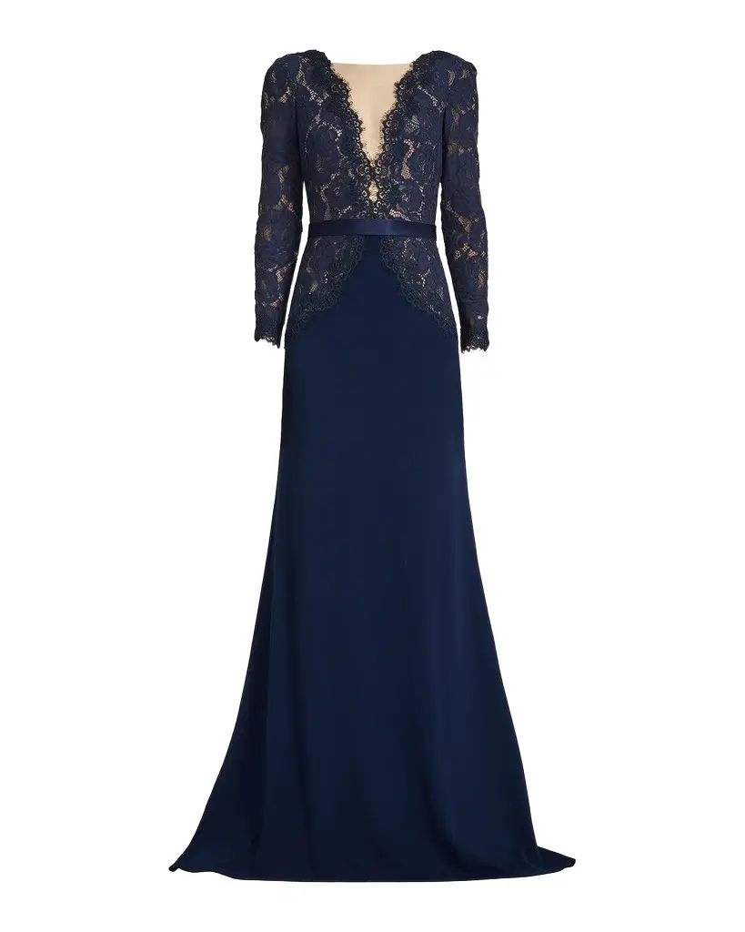 Plunging Illusion Lace & Crepe Gown Plunging Illusion Lace & Crepe Gown