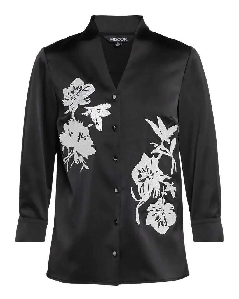 Misook Embroidered Crepe de Chine Blouse