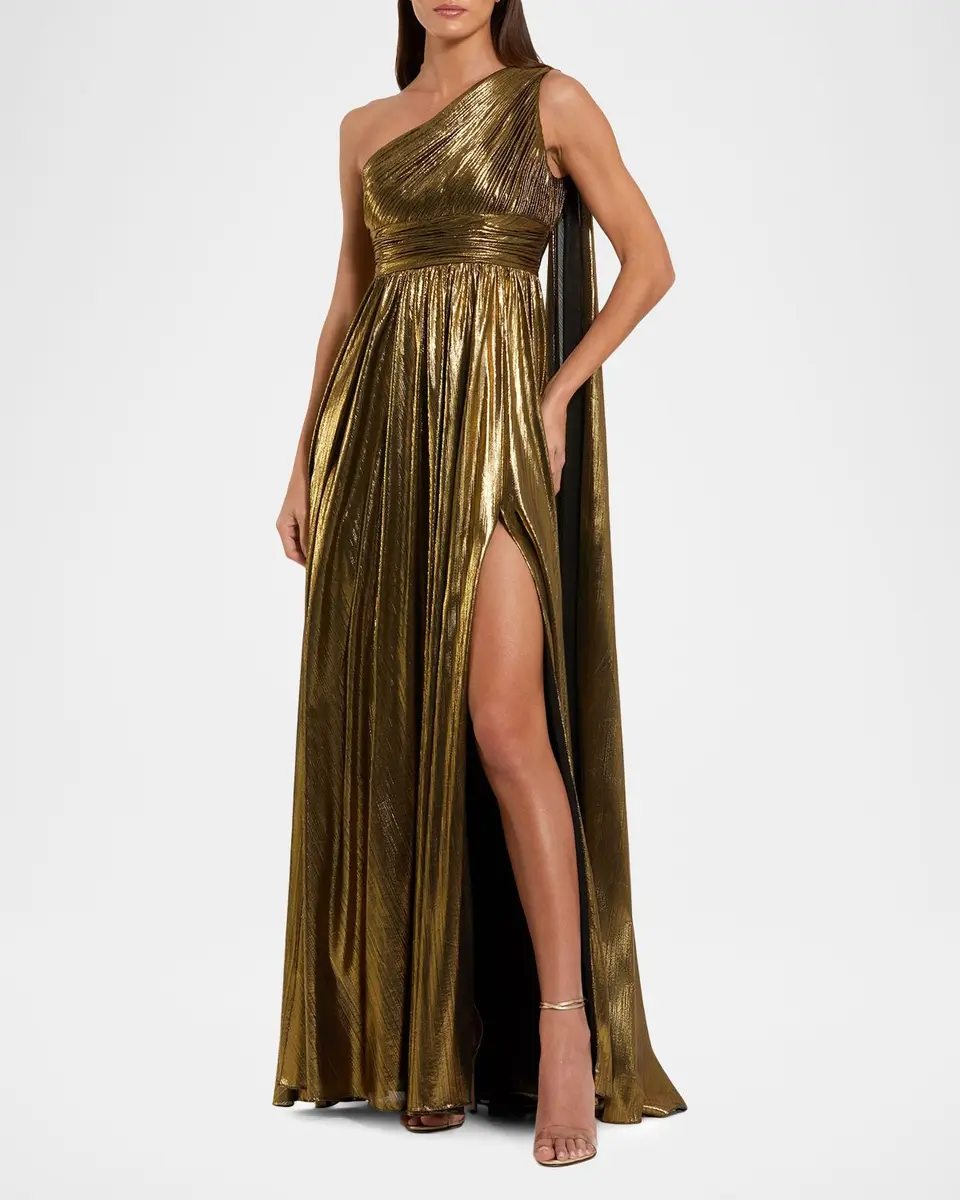 Mac Duggal Draped One-Shoulder Metallic Lame Gown | Thumbnail 2