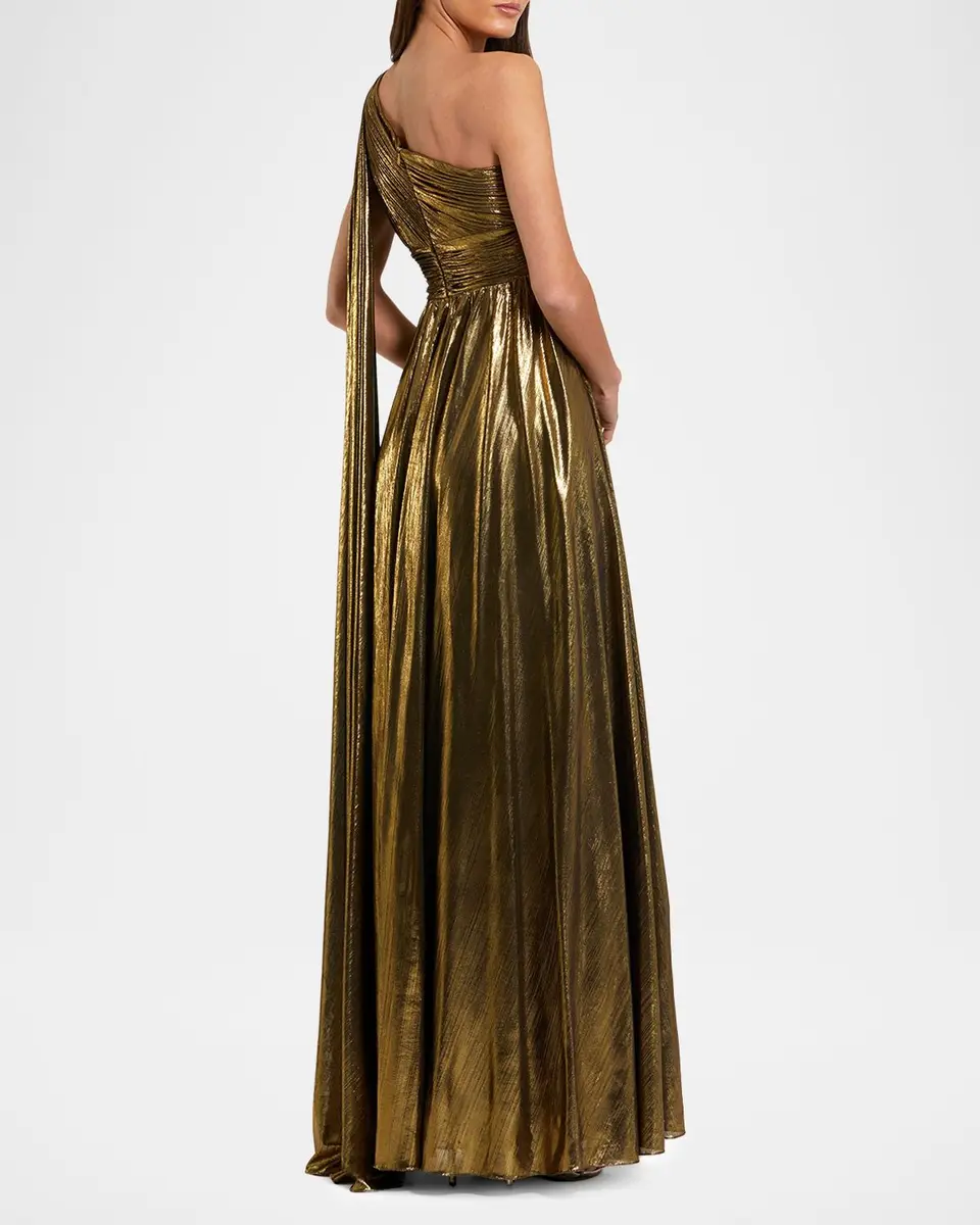 Mac Duggal Draped One-Shoulder Metallic Lame Gown | Thumbnail 3