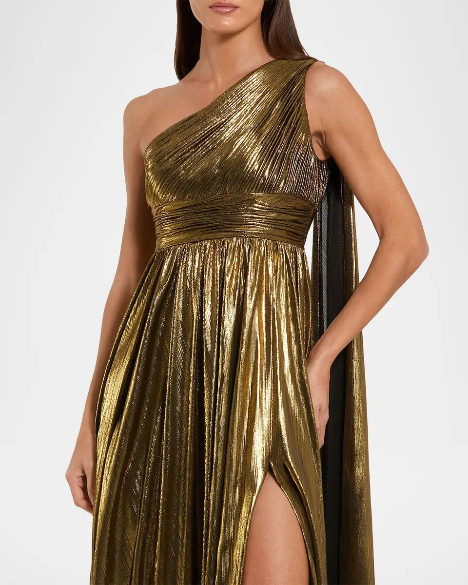 Mac Duggal Draped One-Shoulder Metallic Lame Gown | Thumbnail 4