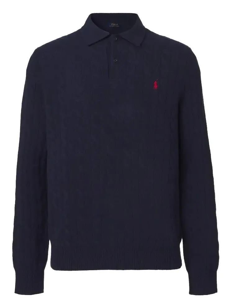 Cable-knit wool and cashmere polo sweater