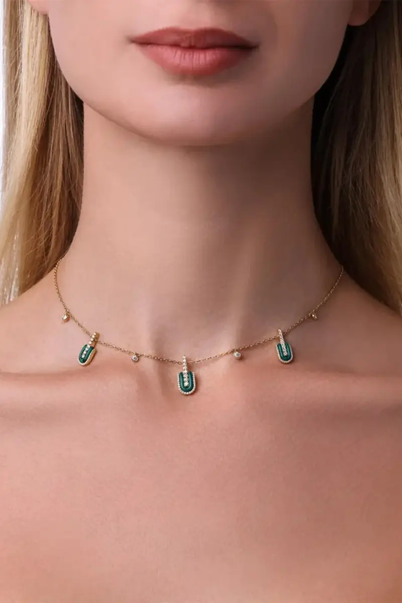 U LOS ANGELES Diamond Malachite U Trio Charm Necklace | Thumbnail 2 U LOS ANGELES Diamond Malachite U Trio Charm Necklace | Thumbnail 2