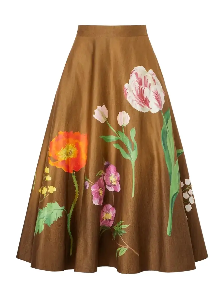 Oscar de la Renta Floral-print Cotton-poplin High-waist Midi Skirt | Image 1 Oscar de la Renta Floral-print Cotton-poplin High-waist Midi Skirt | Image 1