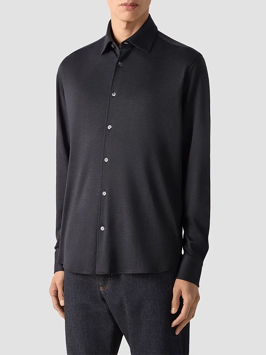 Zegna Men's Cashmere and Silk Shirt - Navy Blue | Thumbnail 2 Zegna Men's Cashmere and Silk Shirt - Navy Blue | Thumbnail 2