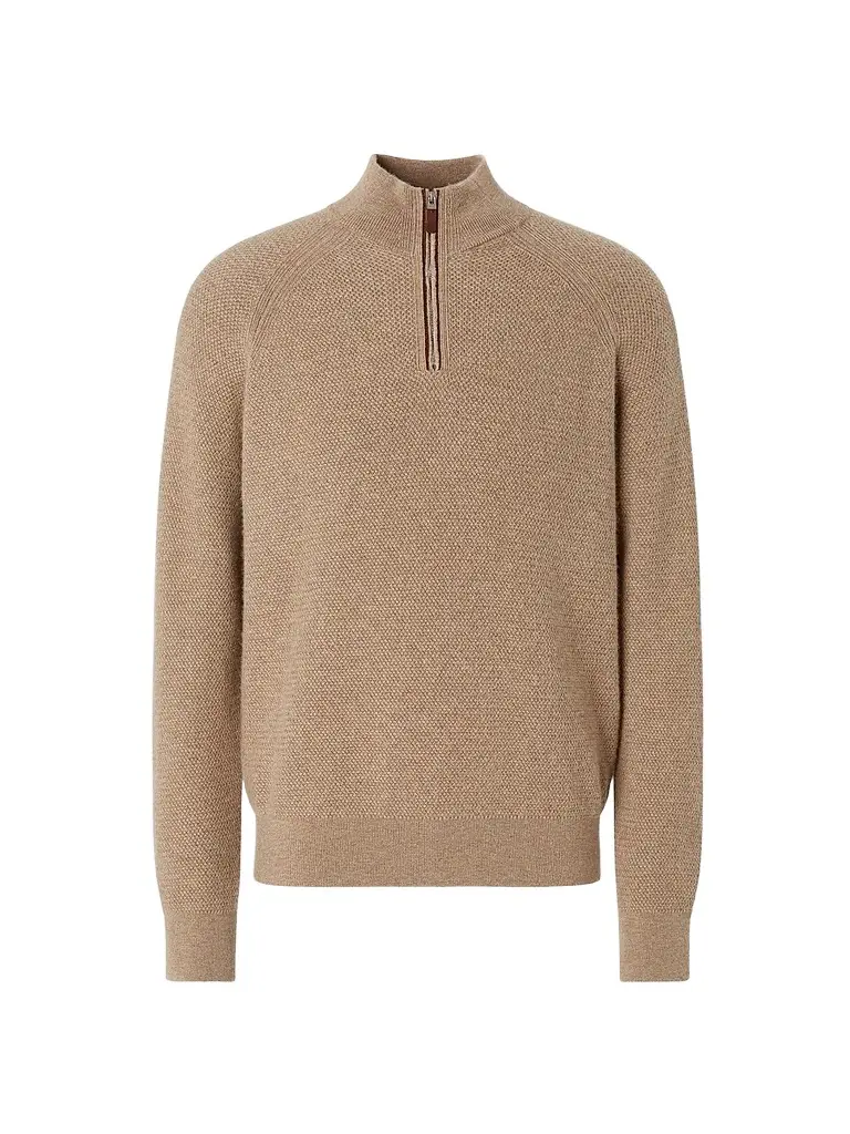 Zegna Men's Oasi Cashmere Zip Mock Sweater - Light Beige Melange | Image 1 Zegna Men's Oasi Cashmere Zip Mock Sweater - Light Beige Melange | Image 1