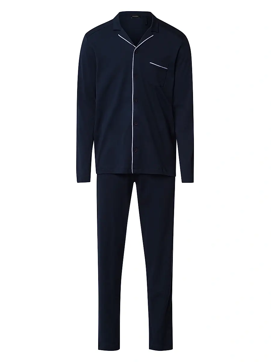Hanro Men's Basic Piped 2-Piece Long Pajama Set - Deep Navy | Image 1 Hanro Men's Basic Piped 2-Piece Long Pajama Set - Deep Navy | Image 1
