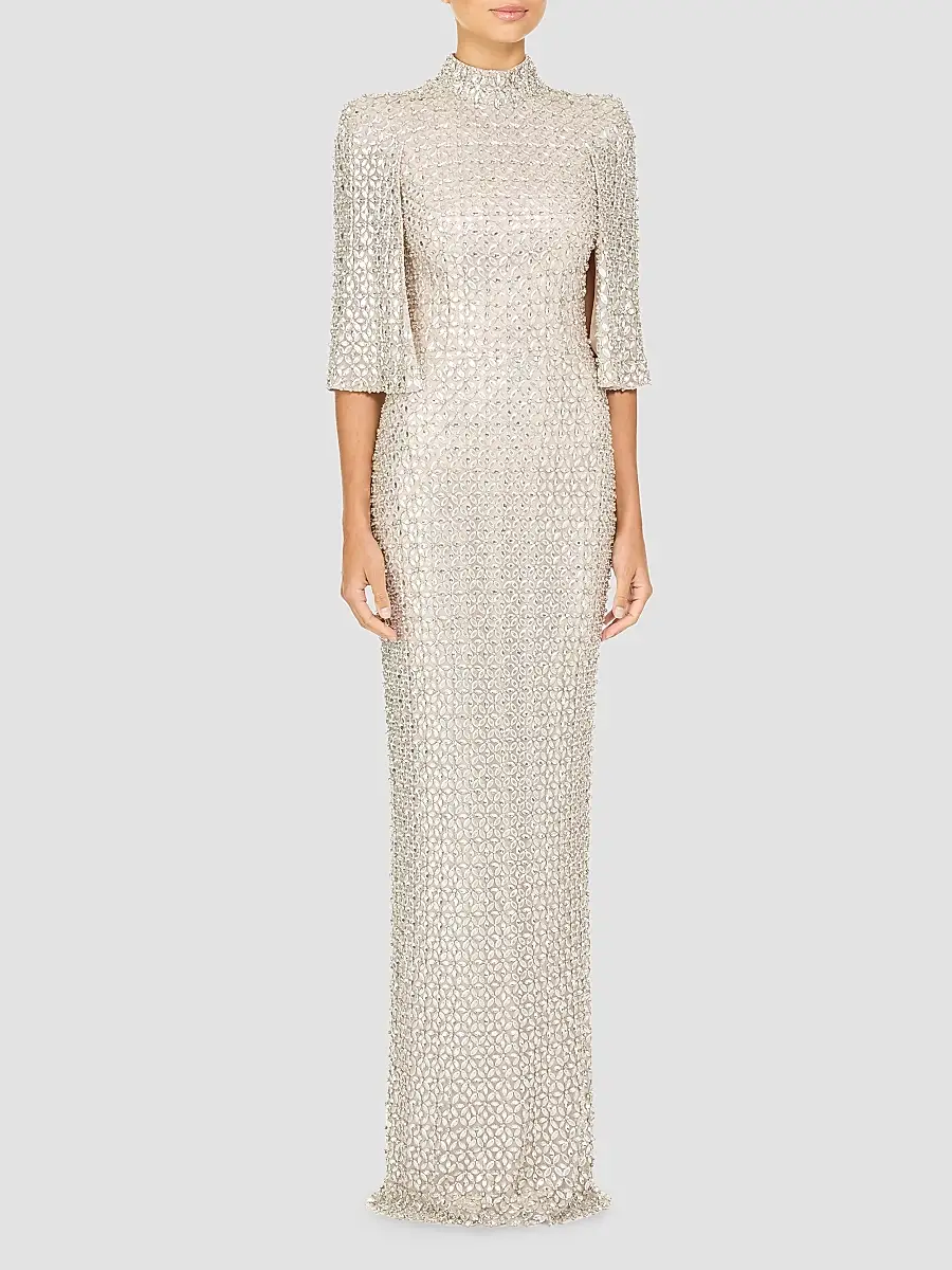 Jenny Packham Women's Sedona Embellished Split-Sleeve Column Gown | Thumbnail 2