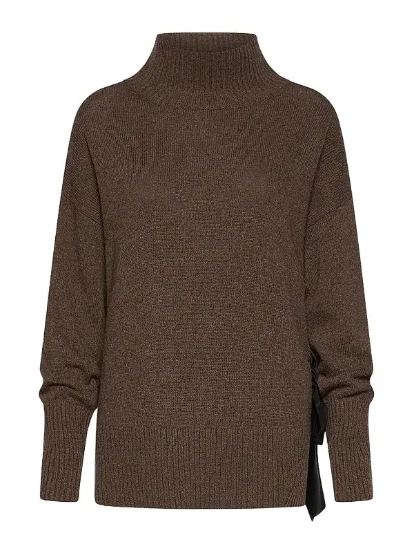 Women's Cashmere Blend Mock Polo Neck Jumper with Silk Sash - Dark Bown