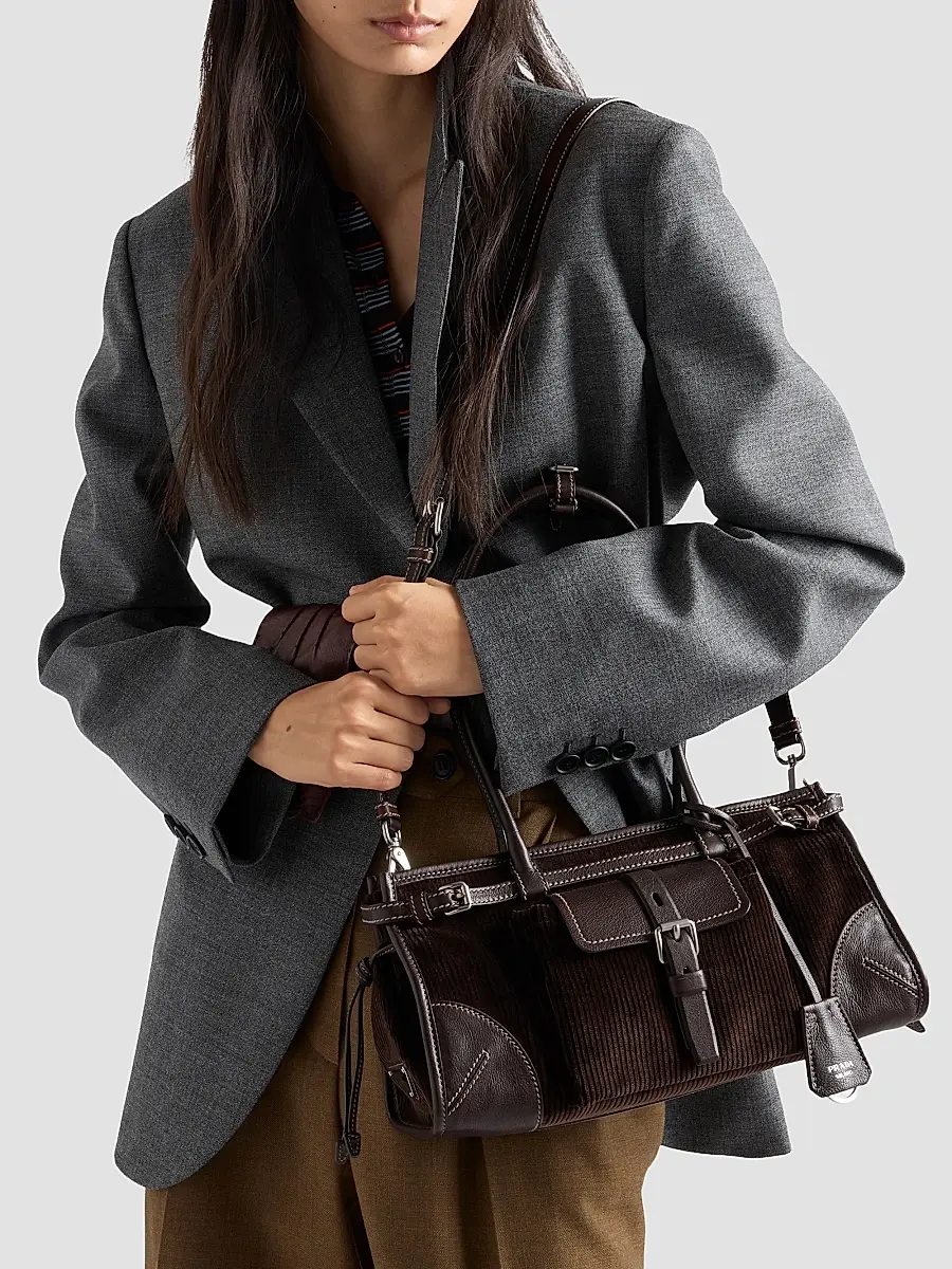 Prada Women's Bonnie Medium Corduroy and Leather Top Handle Bag | Thumbnail 2 Prada Women's Bonnie Medium Corduroy and Leather Top Handle Bag | Thumbnail 2