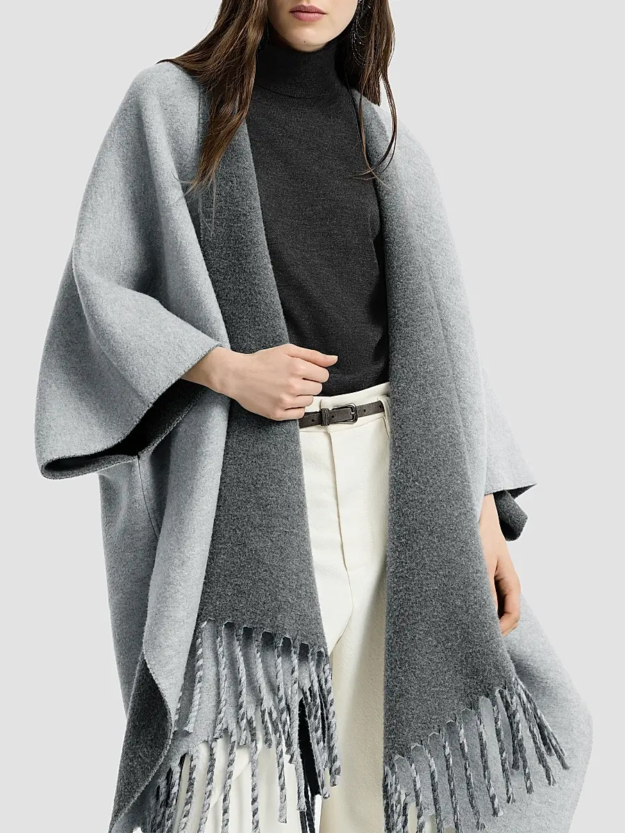 Brunello Cucinelli Women's Wool and Cashmere Double Knit Reversible Poncho | Thumbnail 4 Brunello Cucinelli Women's Wool and Cashmere Double Knit Reversible Poncho | Thumbnail 4