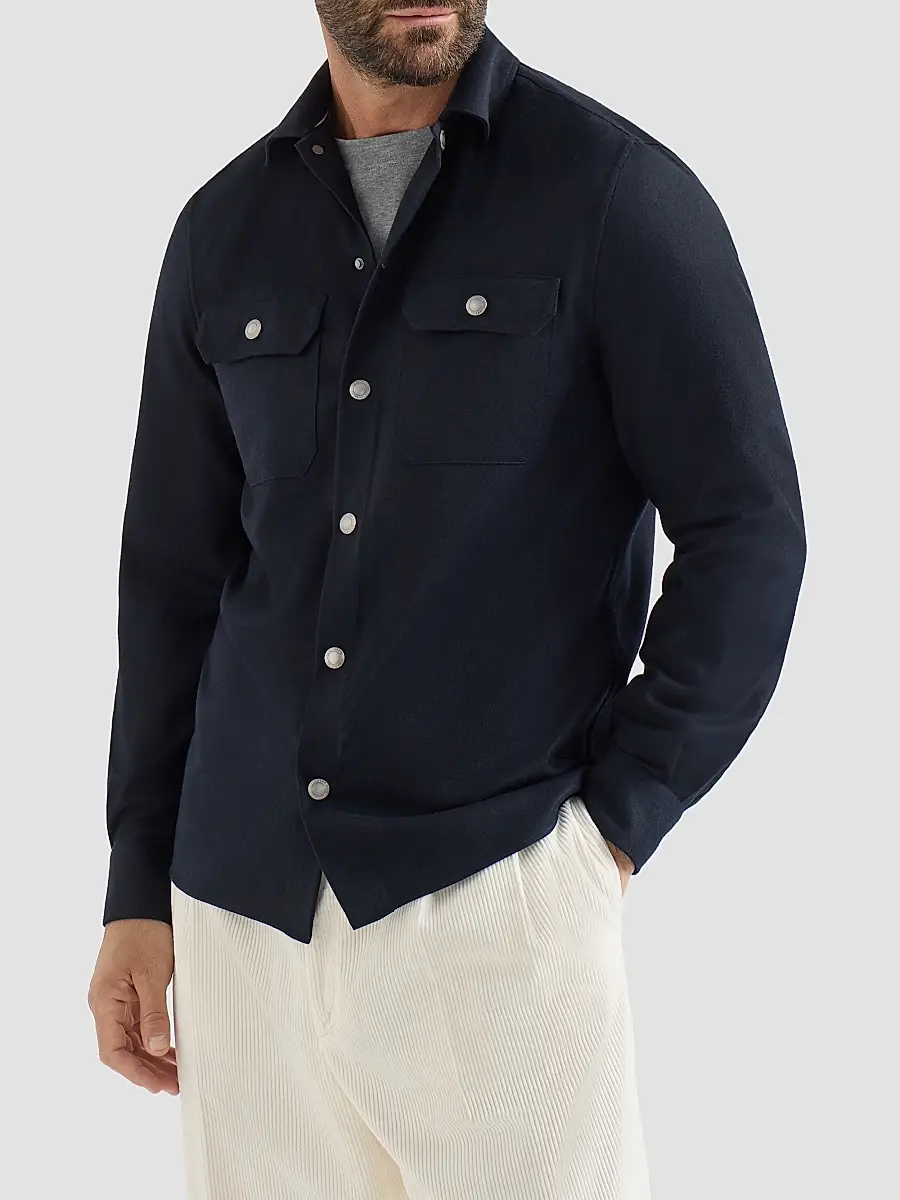 Brunello Cucinelli Men's Virgin Wool Flannel Overshirt with Spread Collar - Navy Blue | Thumbnail 2 Brunello Cucinelli Men's Virgin Wool Flannel Overshirt with Spread Collar - Navy Blue | Thumbnail 2