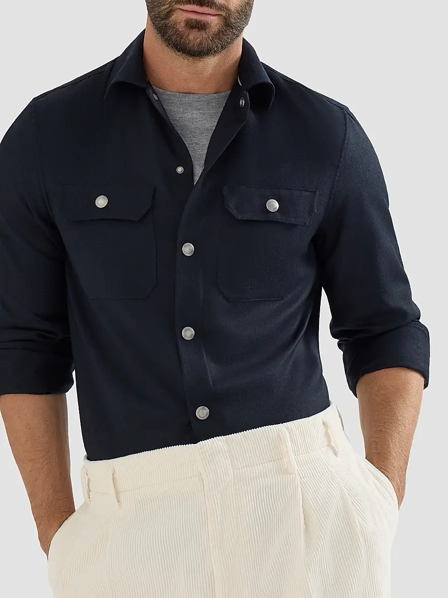 Brunello Cucinelli Men's Virgin Wool Flannel Overshirt with Spread Collar - Navy Blue | Thumbnail 4 Brunello Cucinelli Men's Virgin Wool Flannel Overshirt with Spread Collar - Navy Blue | Thumbnail 4