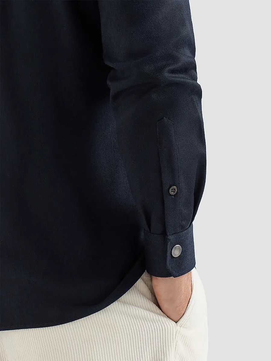 Brunello Cucinelli Men's Virgin Wool Flannel Overshirt with Spread Collar - Navy Blue | Thumbnail 5 Brunello Cucinelli Men's Virgin Wool Flannel Overshirt with Spread Collar - Navy Blue | Thumbnail 5