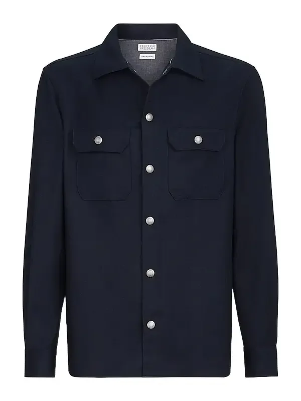 Men's Virgin Wool Flannel Overshirt with Spread Collar - Navy Blue