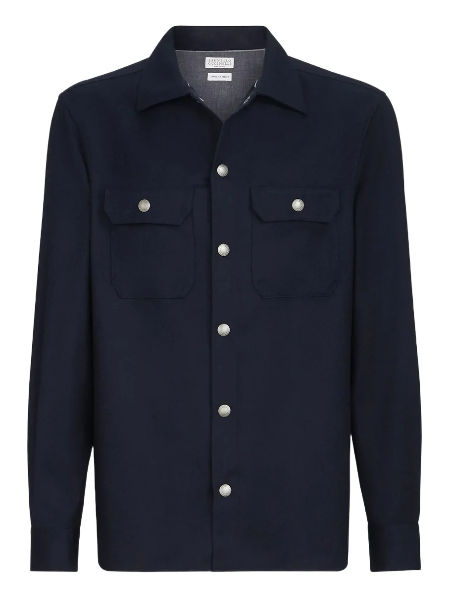 Men's Virgin Wool Flannel Overshirt with Spread Collar - Navy Blue