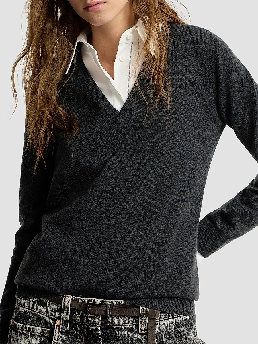Brunello Cucinelli Women's Cashmere Sweater with Monili - Dark Grey | Thumbnail 4