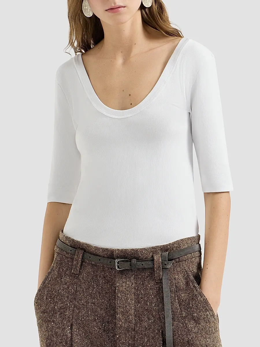 Brunello Cucinelli Women's Stretch Cotton Ribbed Jersey T-Shirt with Monili - White | Thumbnail 2 Brunello Cucinelli Women's Stretch Cotton Ribbed Jersey T-Shirt with Monili - White | Thumbnail 2