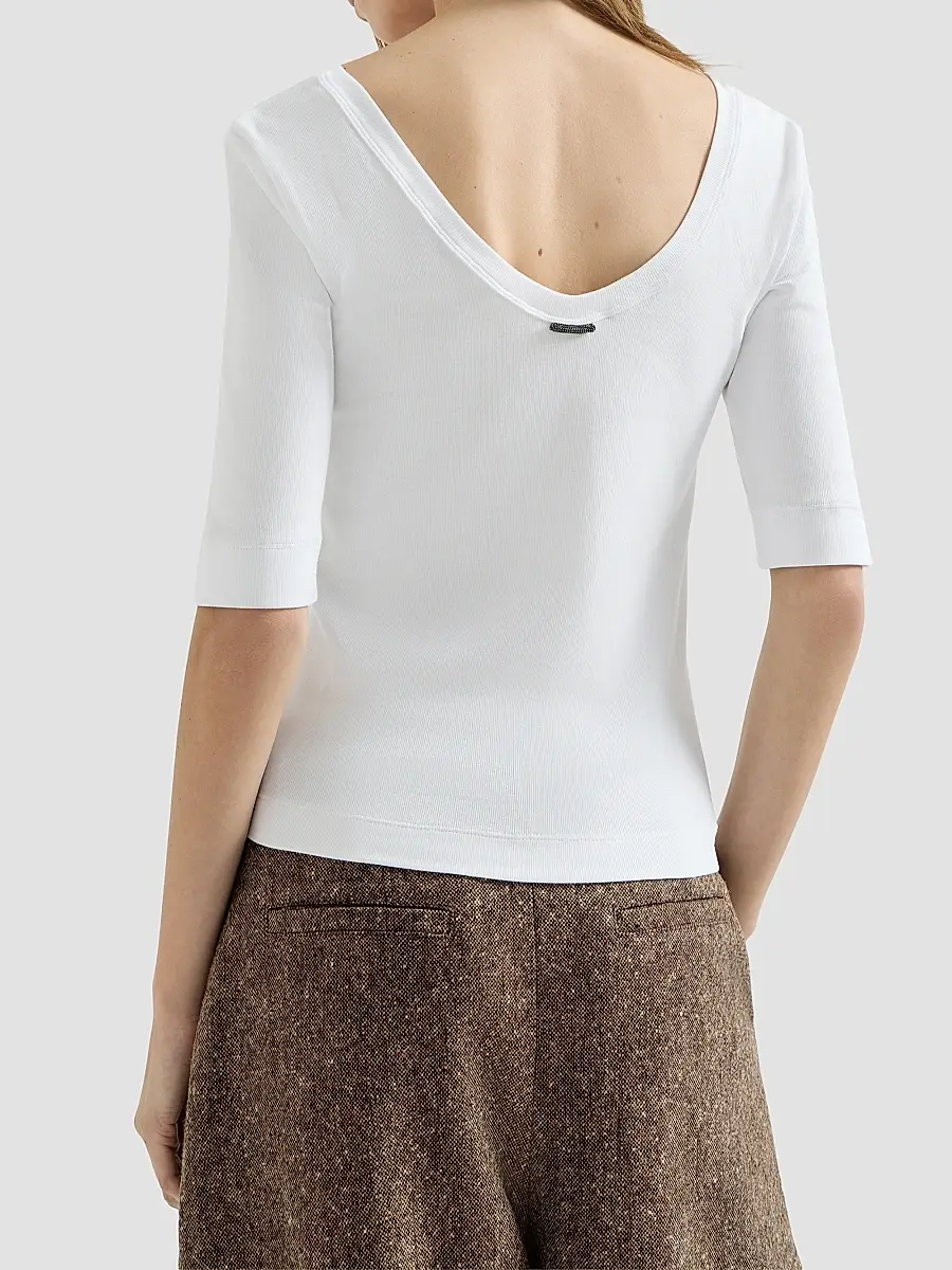 Brunello Cucinelli Women's Stretch Cotton Ribbed Jersey T-Shirt with Monili - White | Thumbnail 3 Brunello Cucinelli Women's Stretch Cotton Ribbed Jersey T-Shirt with Monili - White | Thumbnail 3