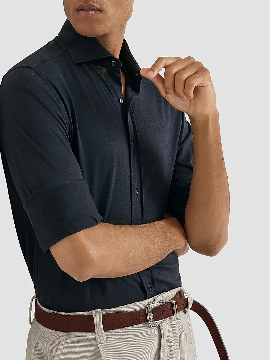 Brunello Cucinelli Men's Silk and Cotton Lightweight Jersey Shirt with Spead Collar - Blue | Thumbnail 2 Brunello Cucinelli Men's Silk and Cotton Lightweight Jersey Shirt with Spead Collar - Blue | Thumbnail 2