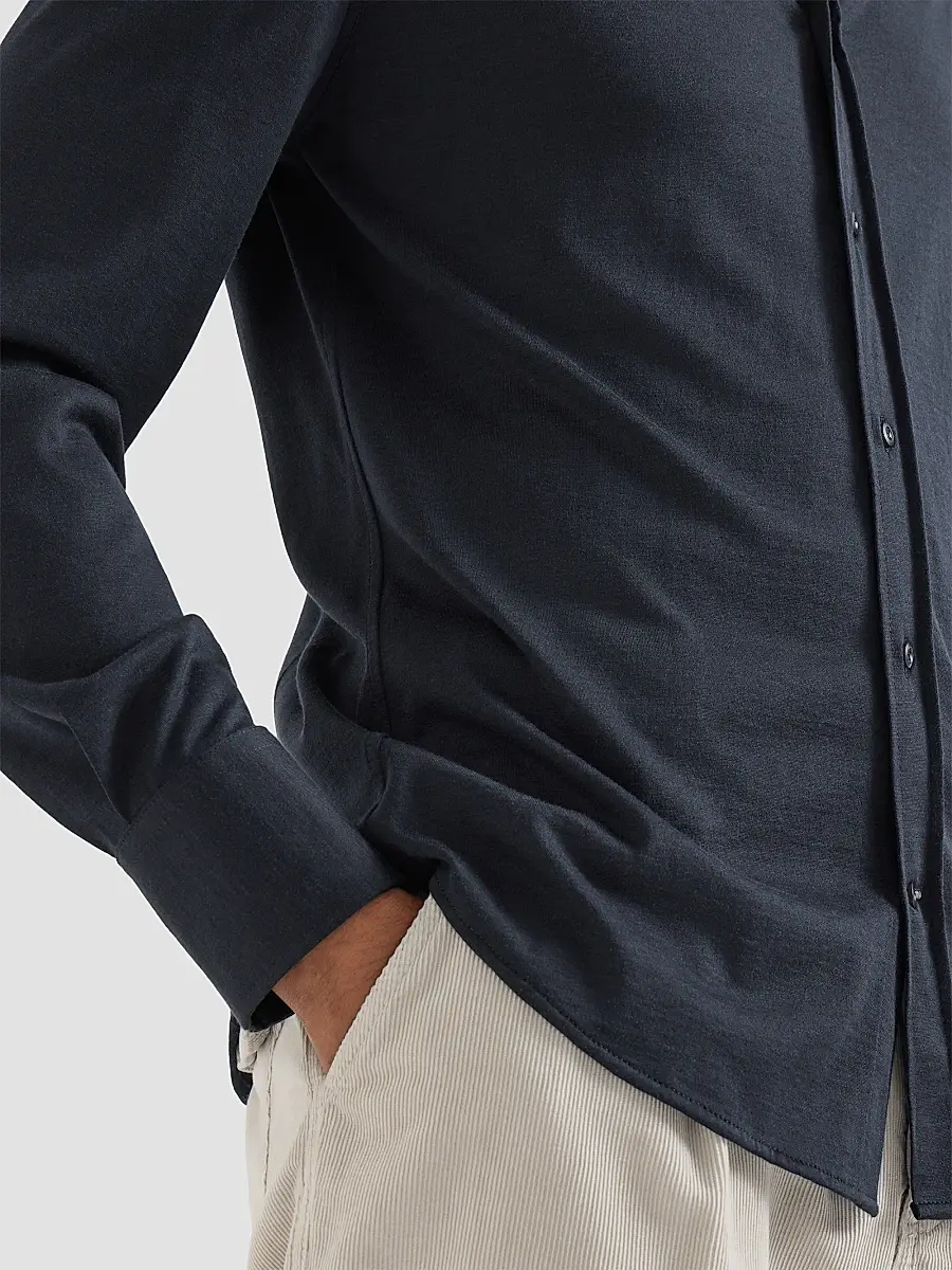 Brunello Cucinelli Men's Silk and Cotton Lightweight Jersey Shirt with Spead Collar - Blue | Thumbnail 3 Brunello Cucinelli Men's Silk and Cotton Lightweight Jersey Shirt with Spead Collar - Blue | Thumbnail 3