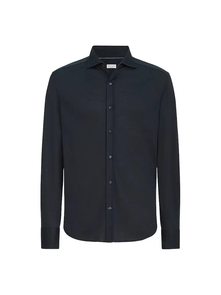 Brunello Cucinelli Men's Silk and Cotton Lightweight Jersey Shirt with Spead Collar - Blue - Size XXXL | Image 1 Brunello Cucinelli Men's Silk and Cotton Lightweight Jersey Shirt with Spead Collar - Blue - Size XXXL | Image 1