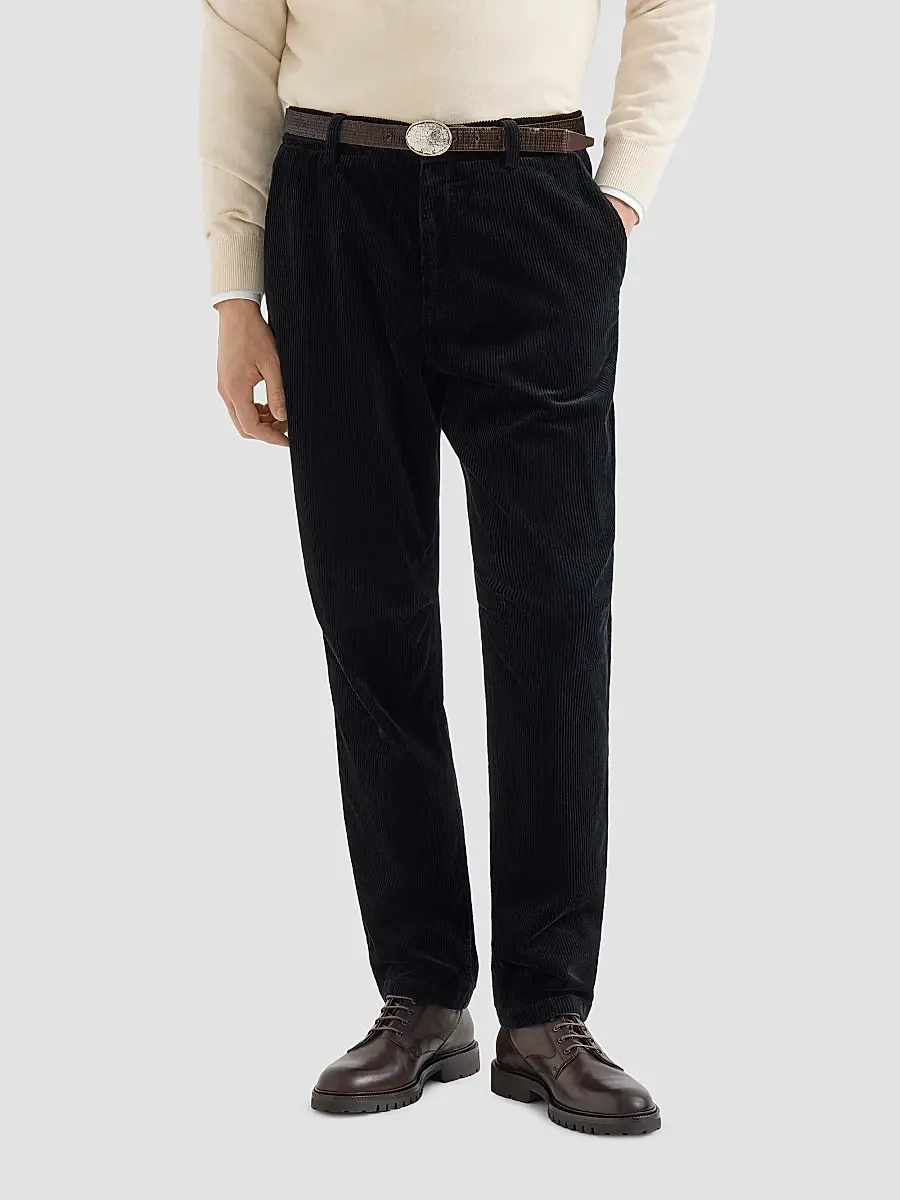 Brunello Cucinelli Men's Garment-Dyed Trousers in Cotton Corduroy - Black | Thumbnail 2