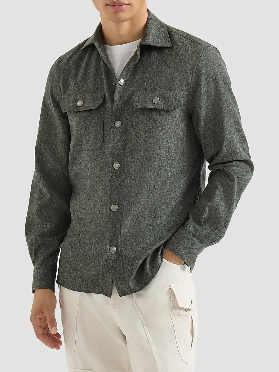 Brunello Cucinelli Men's Virgin Wool Flannel Overshirt with Spread Collar - Forest Green | Thumbnail 2 Brunello Cucinelli Men's Virgin Wool Flannel Overshirt with Spread Collar - Forest Green | Thumbnail 2