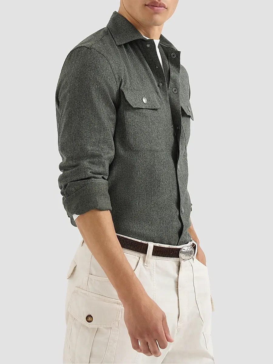 Brunello Cucinelli Men's Virgin Wool Flannel Overshirt with Spread Collar - Forest Green | Thumbnail 3 Brunello Cucinelli Men's Virgin Wool Flannel Overshirt with Spread Collar - Forest Green | Thumbnail 3