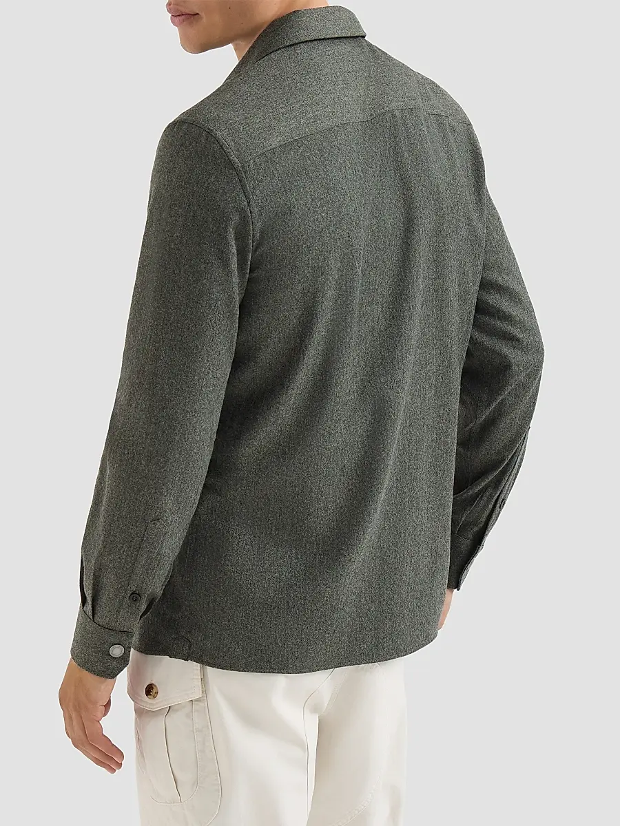 Brunello Cucinelli Men's Virgin Wool Flannel Overshirt with Spread Collar - Forest Green | Thumbnail 4 Brunello Cucinelli Men's Virgin Wool Flannel Overshirt with Spread Collar - Forest Green | Thumbnail 4