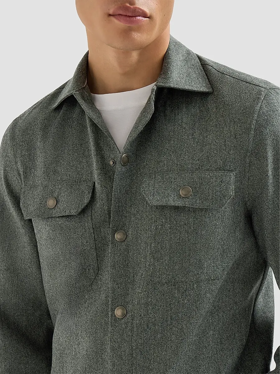 Brunello Cucinelli Men's Virgin Wool Flannel Overshirt with Spread Collar - Forest Green | Thumbnail 5 Brunello Cucinelli Men's Virgin Wool Flannel Overshirt with Spread Collar - Forest Green | Thumbnail 5
