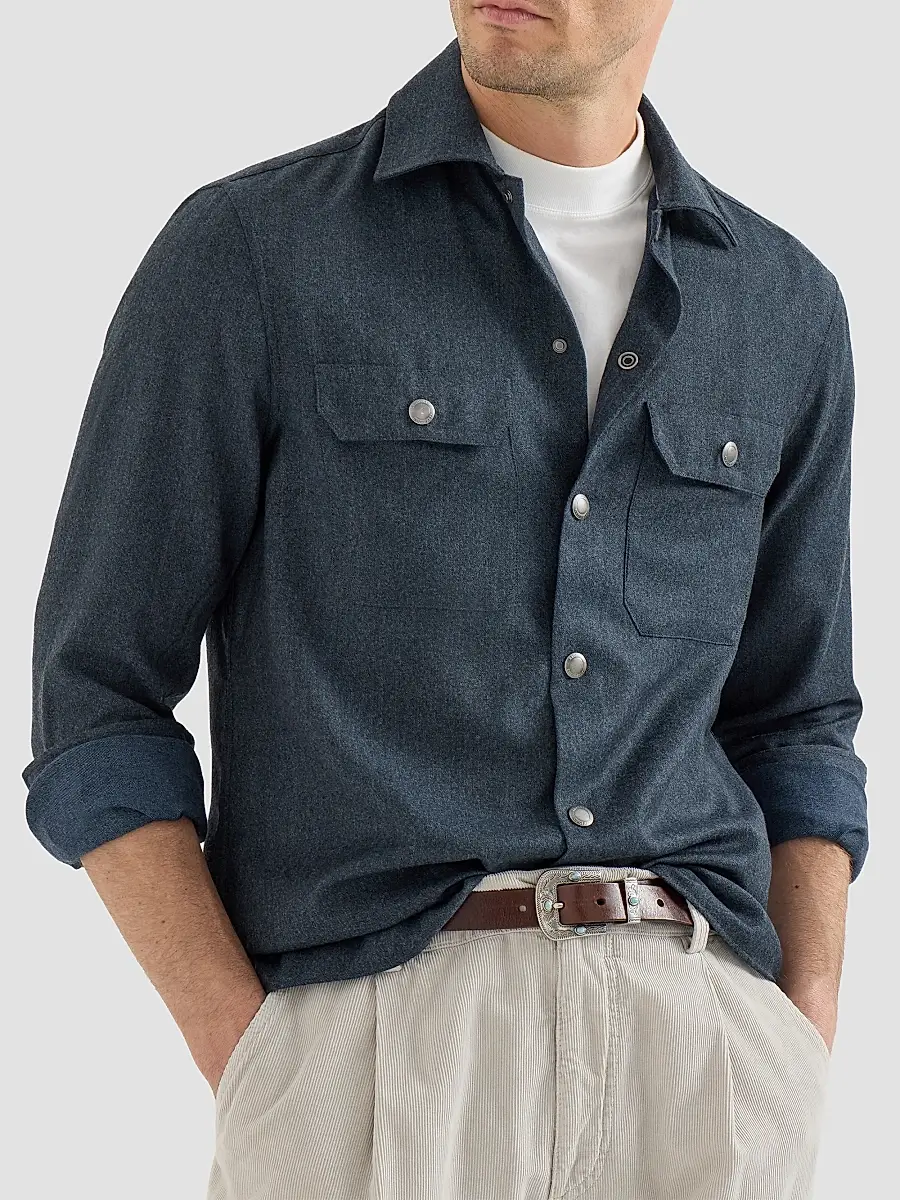 Brunello Cucinelli Men's Virgin Wool Flannel Overshirt with Spread Collar - Denim | Thumbnail 4 Brunello Cucinelli Men's Virgin Wool Flannel Overshirt with Spread Collar - Denim | Thumbnail 4