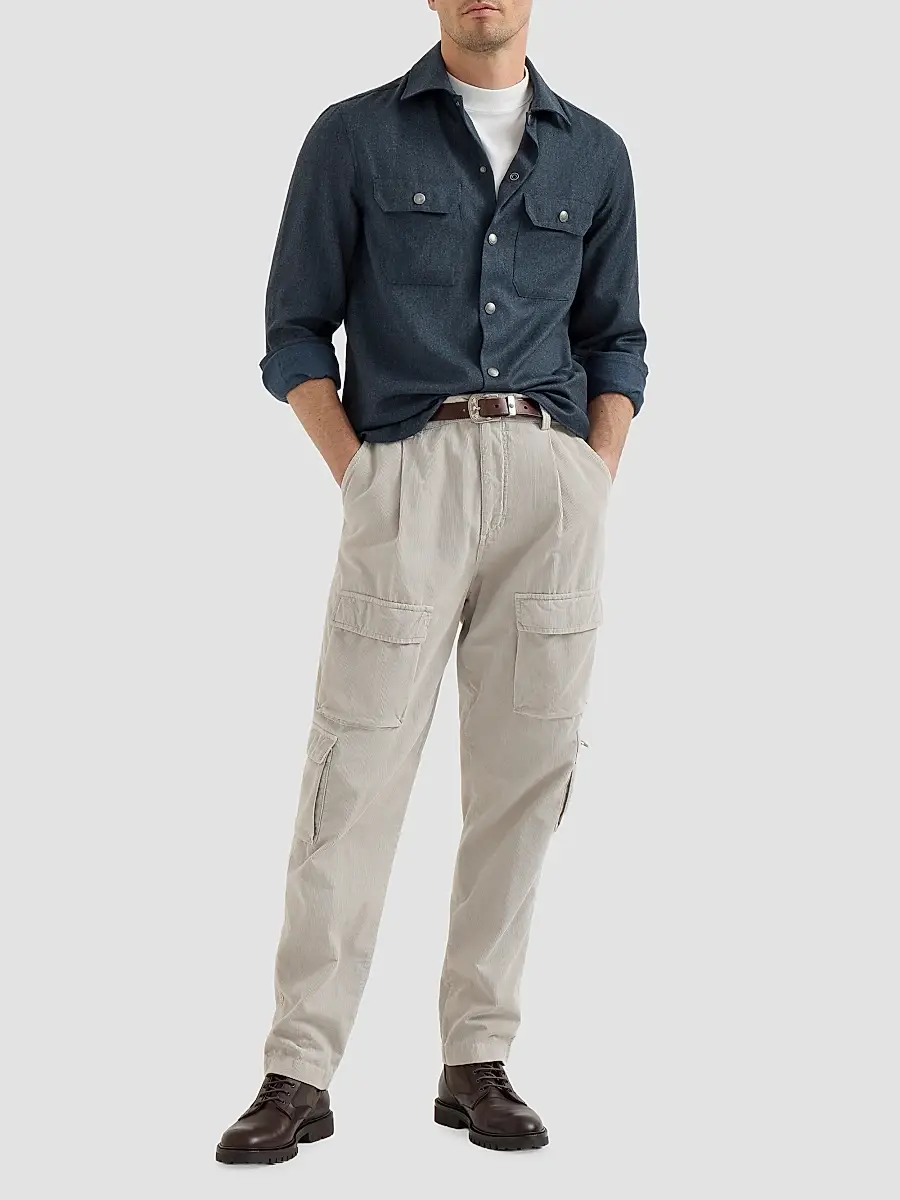 Brunello Cucinelli Men's Virgin Wool Flannel Overshirt with Spread Collar - Denim | Thumbnail 6 Brunello Cucinelli Men's Virgin Wool Flannel Overshirt with Spread Collar - Denim | Thumbnail 6