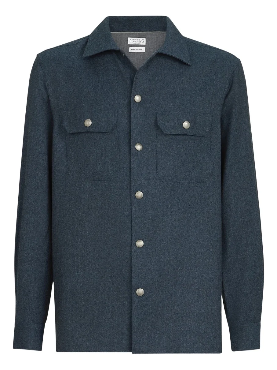 Brunello Cucinelli Men's Virgin Wool Flannel Overshirt with Spread Collar - Denim