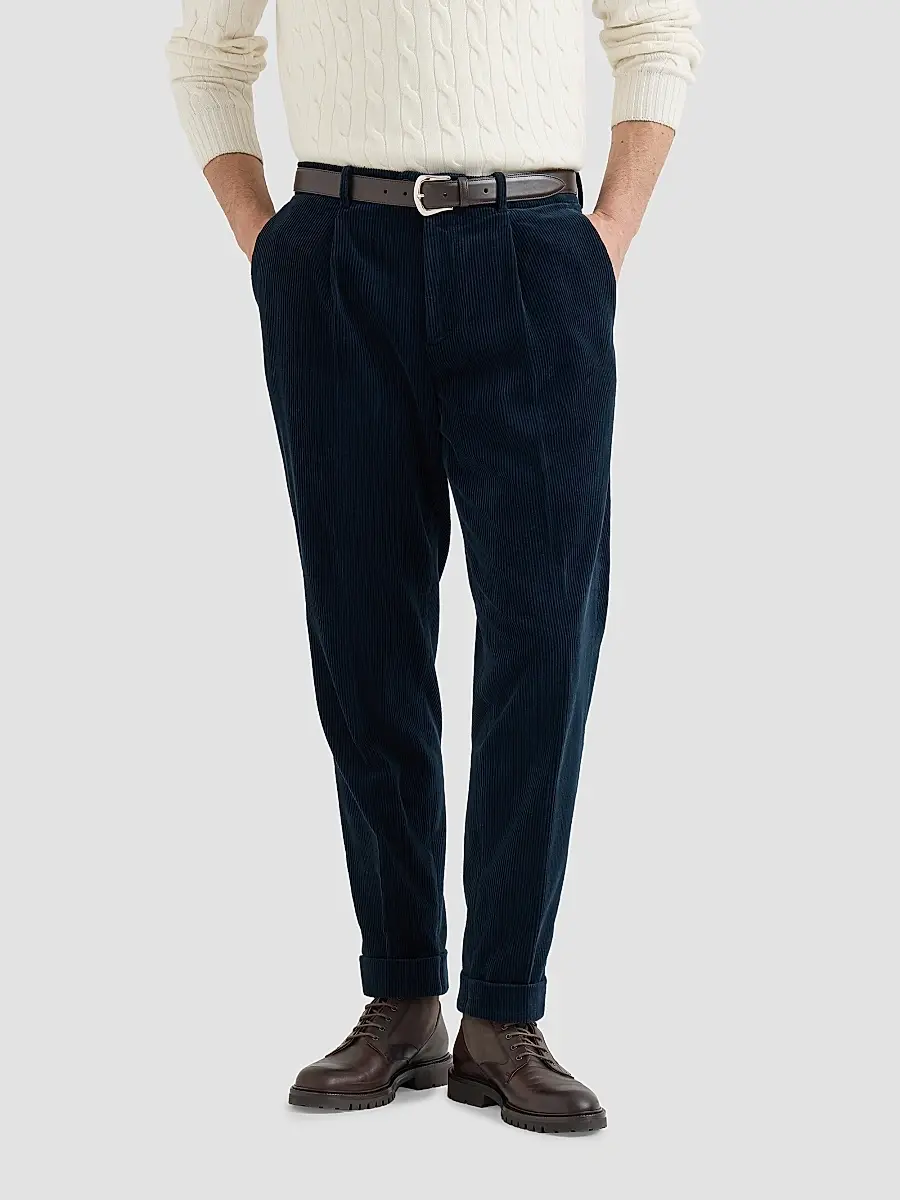 Brunello Cucinelli Men's Garment-Dyed Trousers in Cotton Corduroy with Pleat - Navy Blue | Thumbnail 2 Brunello Cucinelli Men's Garment-Dyed Trousers in Cotton Corduroy with Pleat - Navy Blue | Thumbnail 2