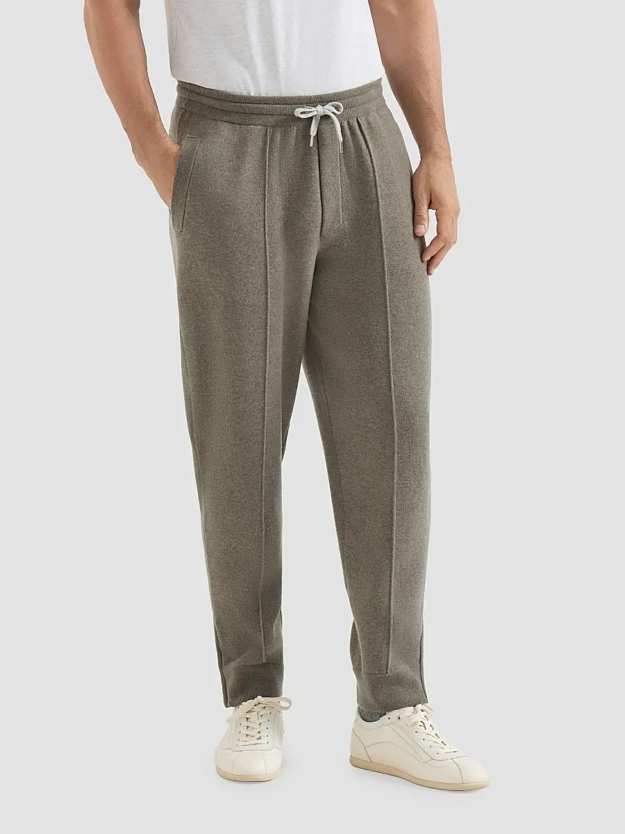 Brunello Cucinelli Men's Cashmere Double Knit Trousers with Crête Detail - Military | Thumbnail 2 Brunello Cucinelli Men's Cashmere Double Knit Trousers with Crête Detail - Military | Thumbnail 2