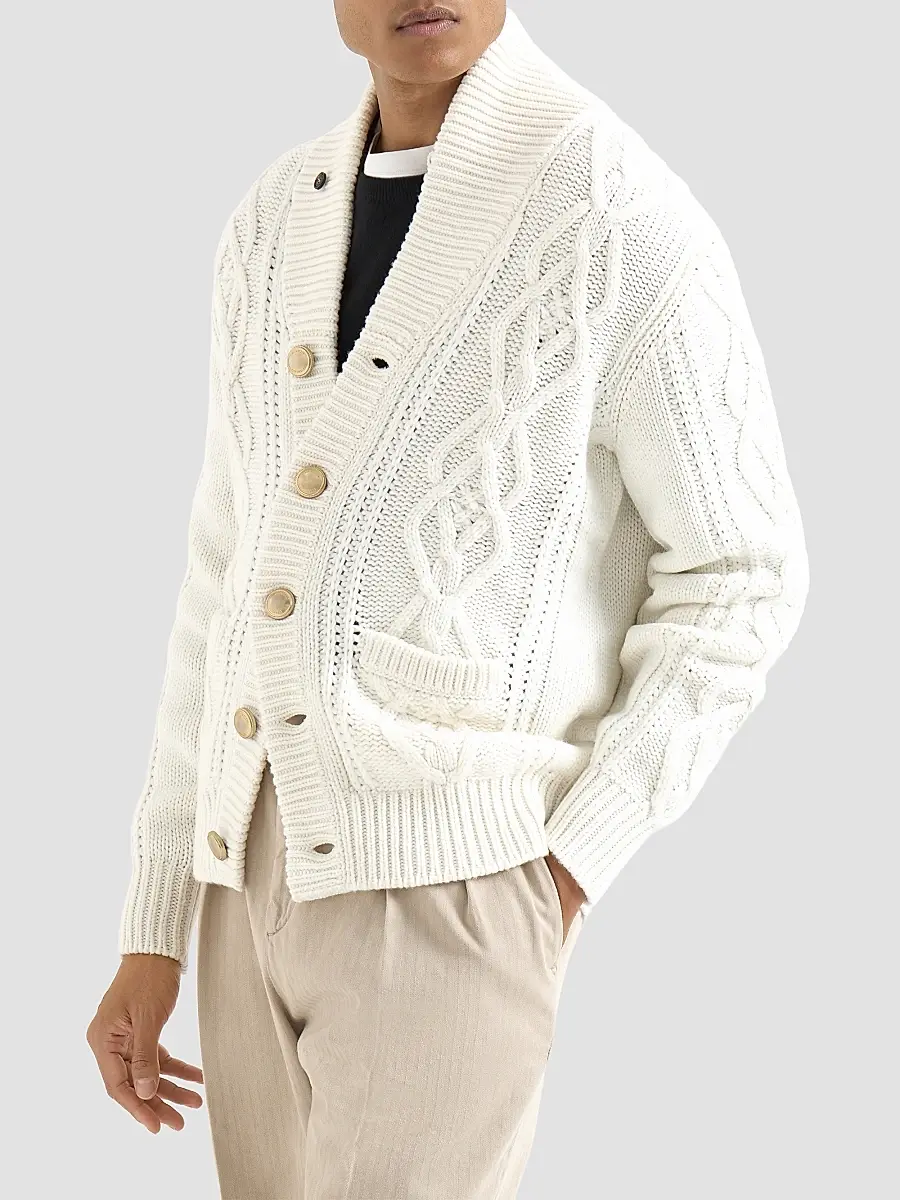 Brunello Cucinelli Men's Cashmere Feather Yarn Cable Knit Cardigan | Thumbnail 2 Brunello Cucinelli Men's Cashmere Feather Yarn Cable Knit Cardigan | Thumbnail 2