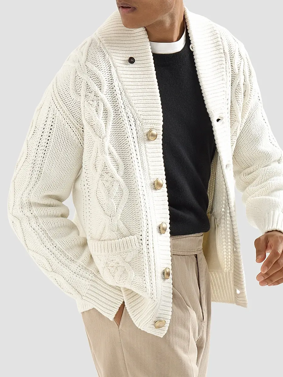 Brunello Cucinelli Men's Cashmere Feather Yarn Cable Knit Cardigan | Thumbnail 4 Brunello Cucinelli Men's Cashmere Feather Yarn Cable Knit Cardigan | Thumbnail 4