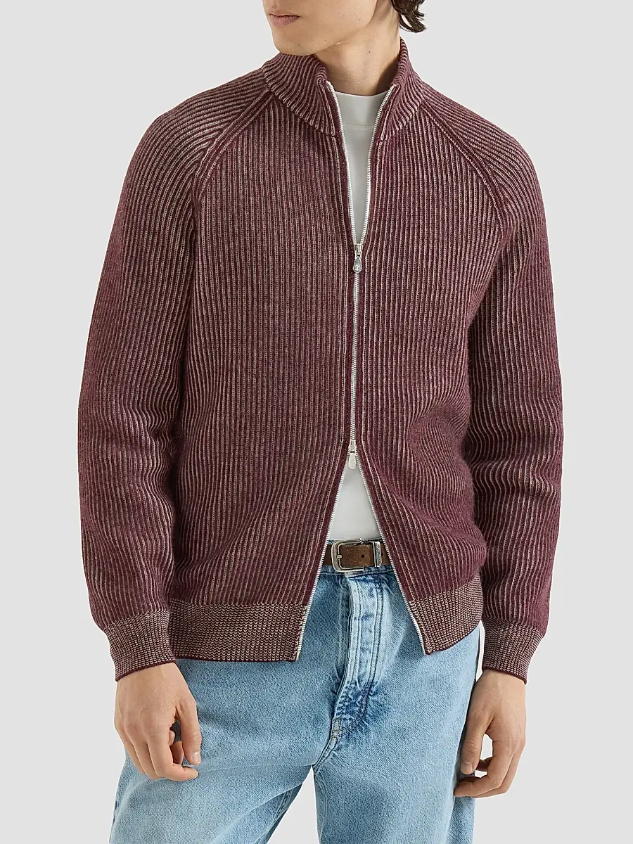 Brunello Cucinelli Men's Cashmere Vanisé English Rib High-Neck Cardigan with Zipper - Burgundy | Thumbnail 2 Brunello Cucinelli Men's Cashmere Vanisé English Rib High-Neck Cardigan with Zipper - Burgundy | Thumbnail 2
