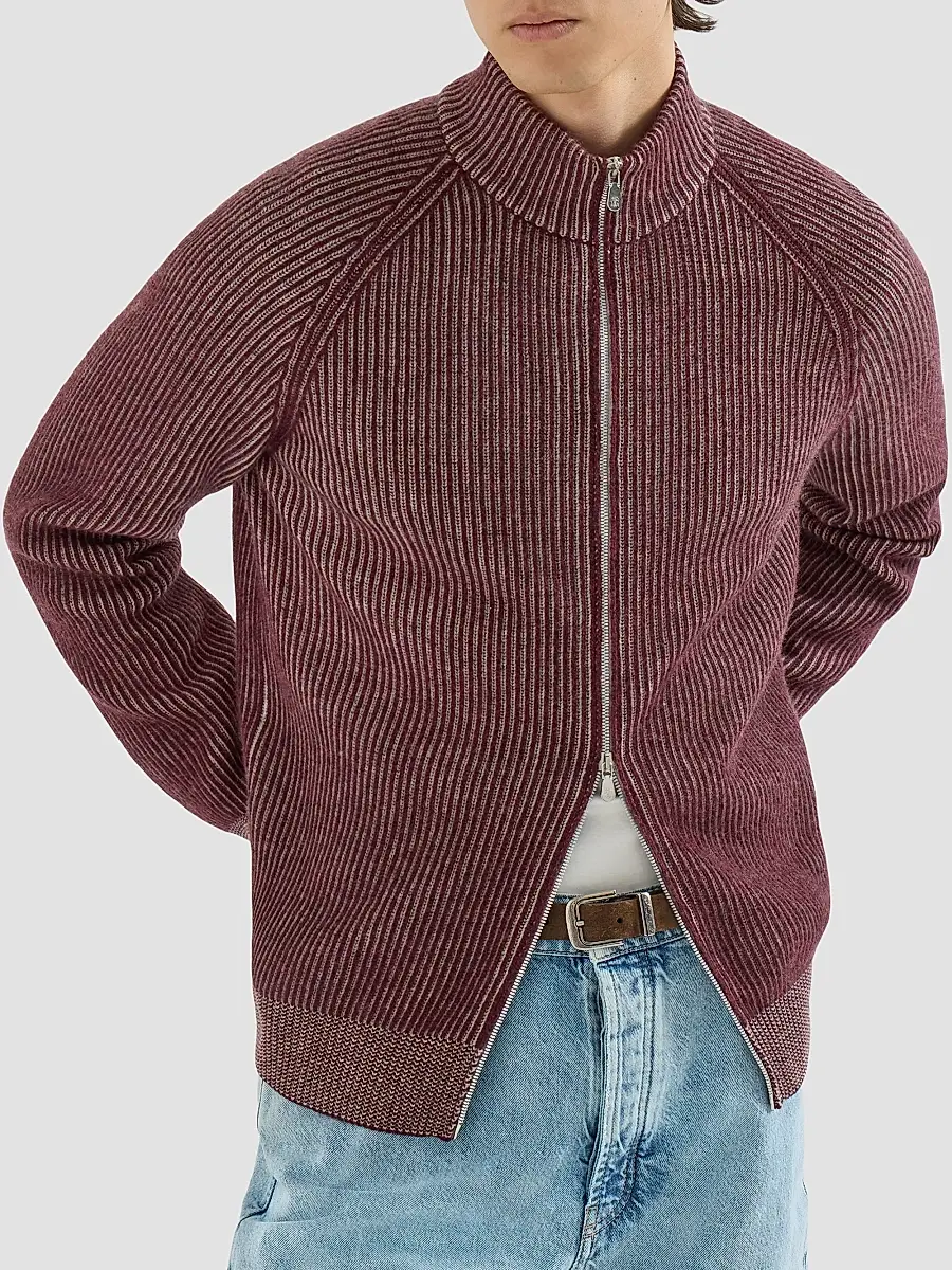 Brunello Cucinelli Men's Cashmere Vanisé English Rib High-Neck Cardigan with Zipper - Burgundy | Thumbnail 4 Brunello Cucinelli Men's Cashmere Vanisé English Rib High-Neck Cardigan with Zipper - Burgundy | Thumbnail 4