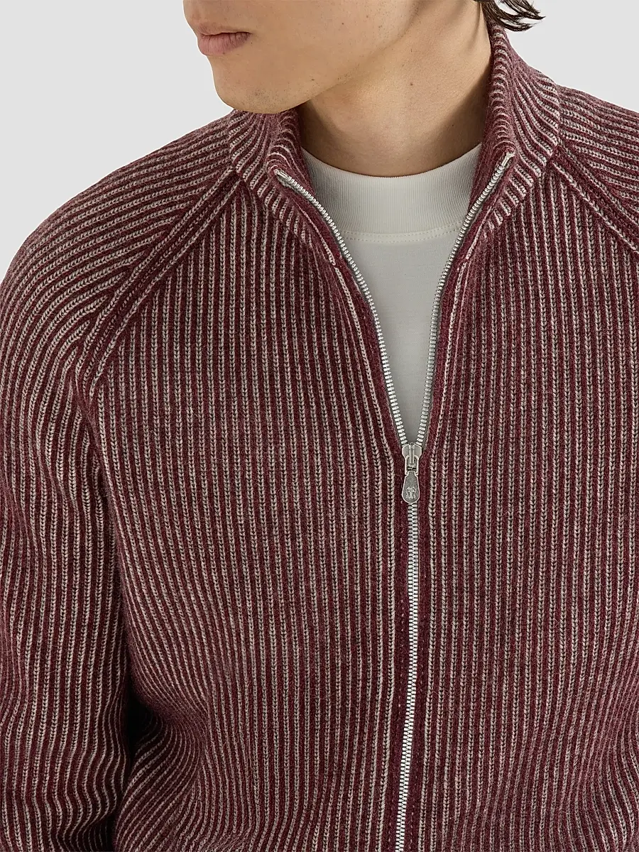 Brunello Cucinelli Men's Cashmere Vanisé English Rib High-Neck Cardigan with Zipper - Burgundy | Thumbnail 5 Brunello Cucinelli Men's Cashmere Vanisé English Rib High-Neck Cardigan with Zipper - Burgundy | Thumbnail 5