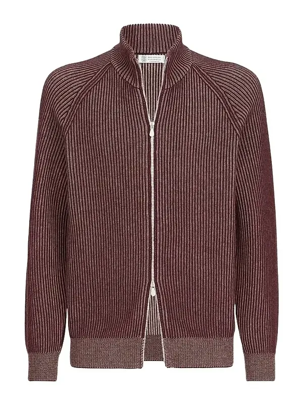 Men's Cashmere Vanisé English Rib High-Neck Cardigan with Zipper - Burgundy